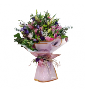 Pembe Lilyum ve Renkli Lisyantus Buketi